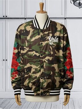RARE Young & Reckless Embroidered Camo Bomber Varsity Jacket MMIX-MMXVII Sz Med
